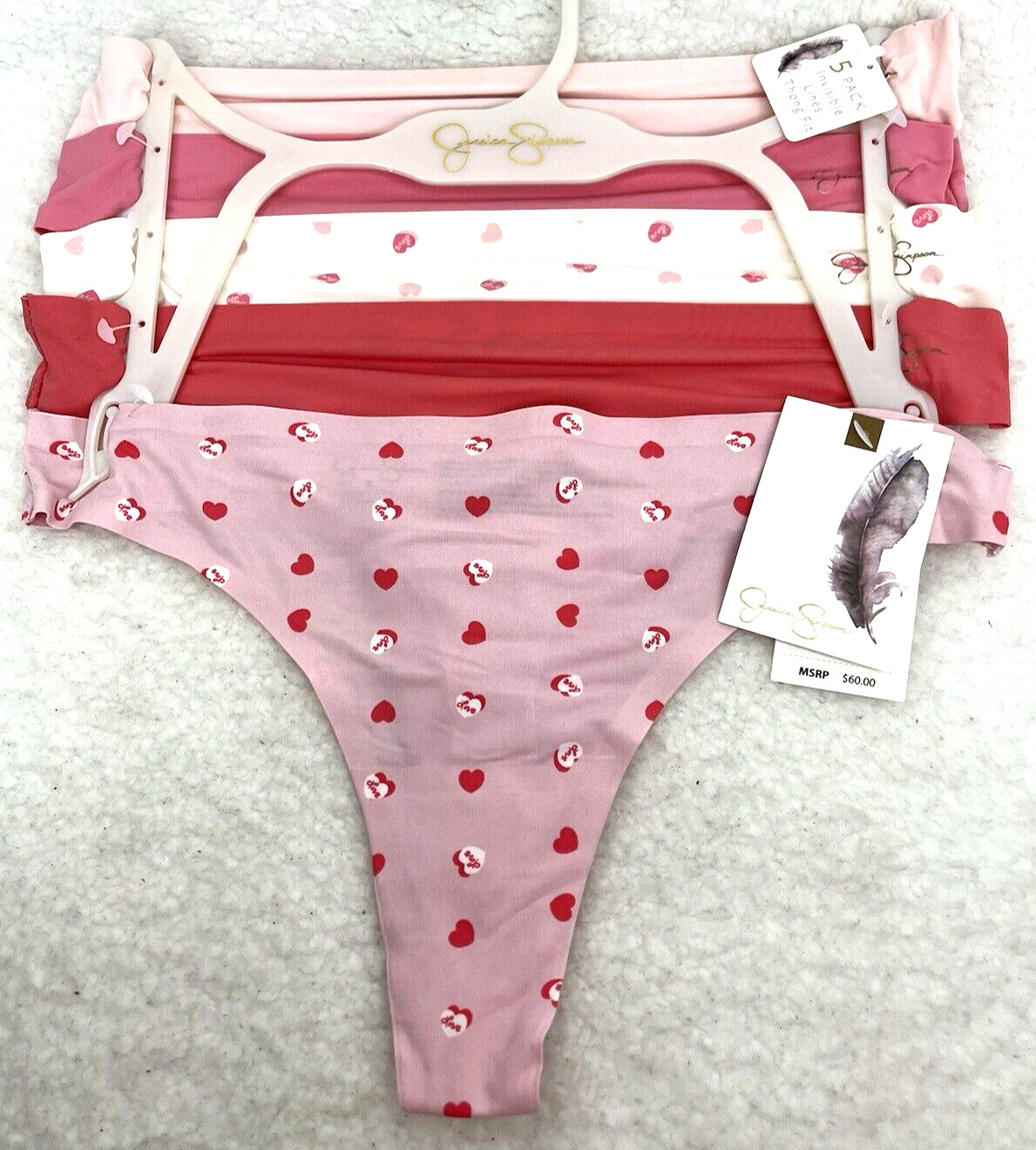 JESSICA SIMPSON Women’s Thong SZ Small 5-Pk Invisible Lines Heart Prints Pink