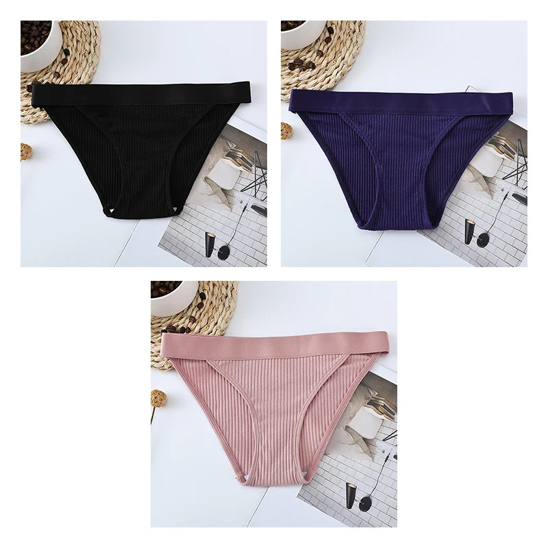 Mid Rise Brief Panties Striped Stretch Comfortable Breathable Underwear 3PCS