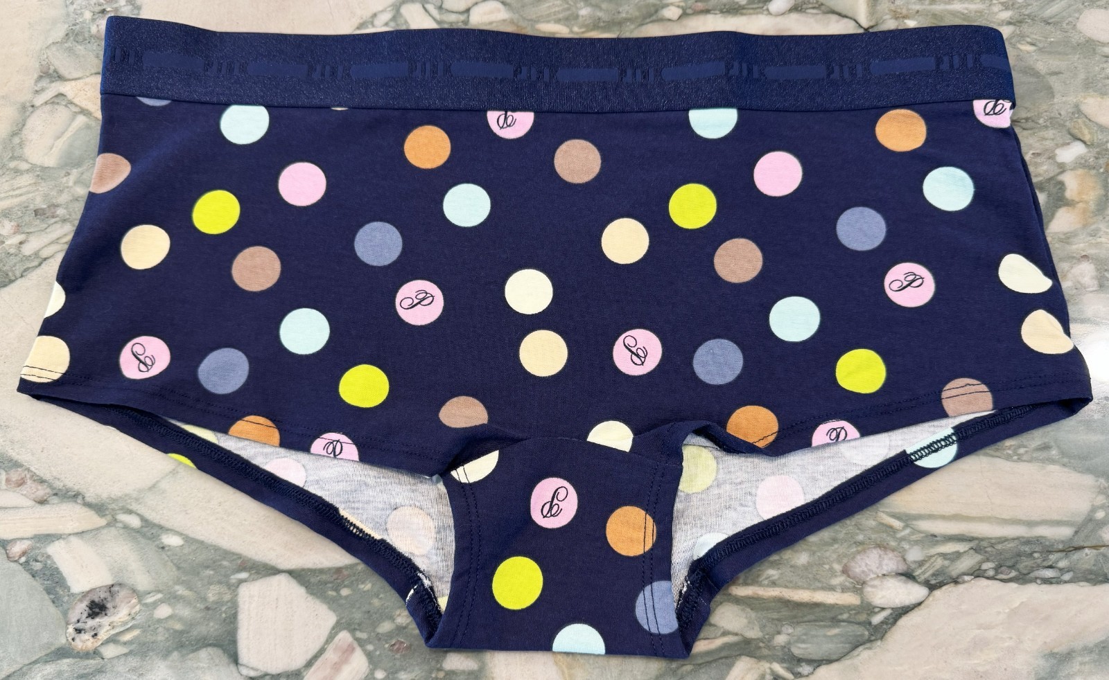 NEW Victoria Secret PINK Cotton Logo Boyshort – Navy & Multi Color Dot – XL