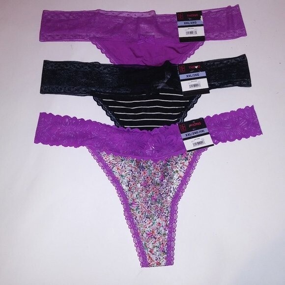 Set of 3 No Boundaries Panty XXL 2X 19 Thong Purple Black Stripe Solid Floral La