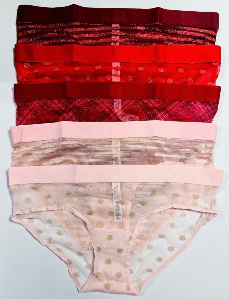 VICTORIA’S SECRET 5pk Sheer Gold Shimmer Dots, Stripes Plaid Hiphugger Panties M