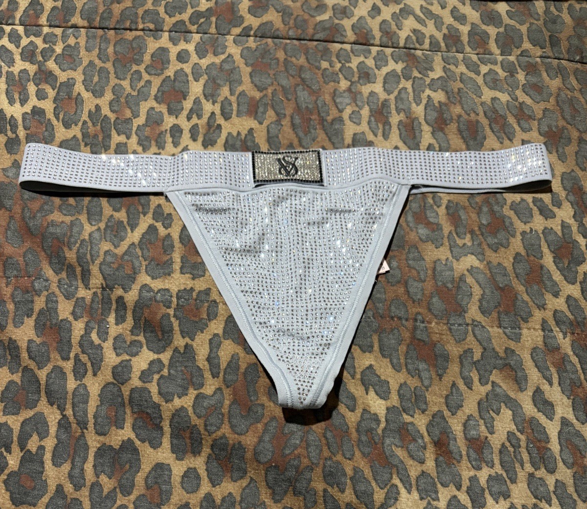 Victoria Secret Gray Allover Rhinestone Shine Logo Patch V String NWT XS/S/M/L/X