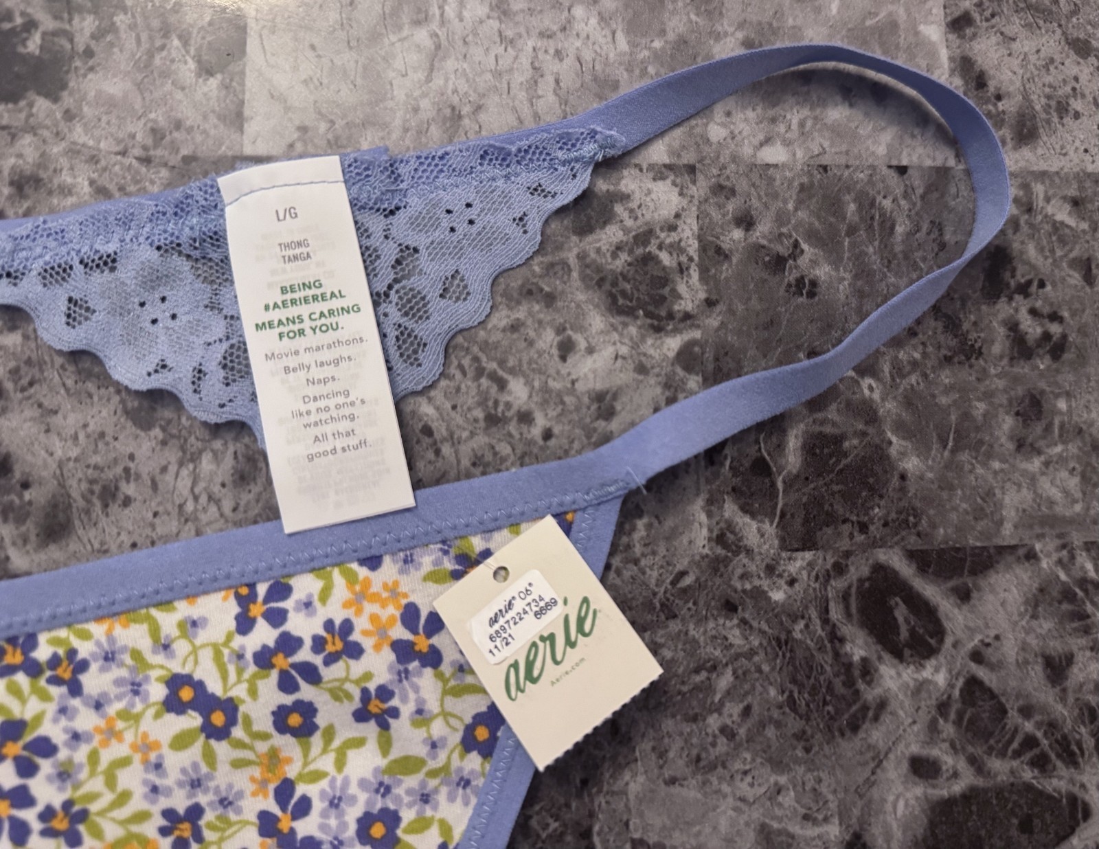 NWT AERIE AMERICAN EAGLE LARGE BLUE GREEN FLORAL LACE BACK RARE V STRING PANTIES