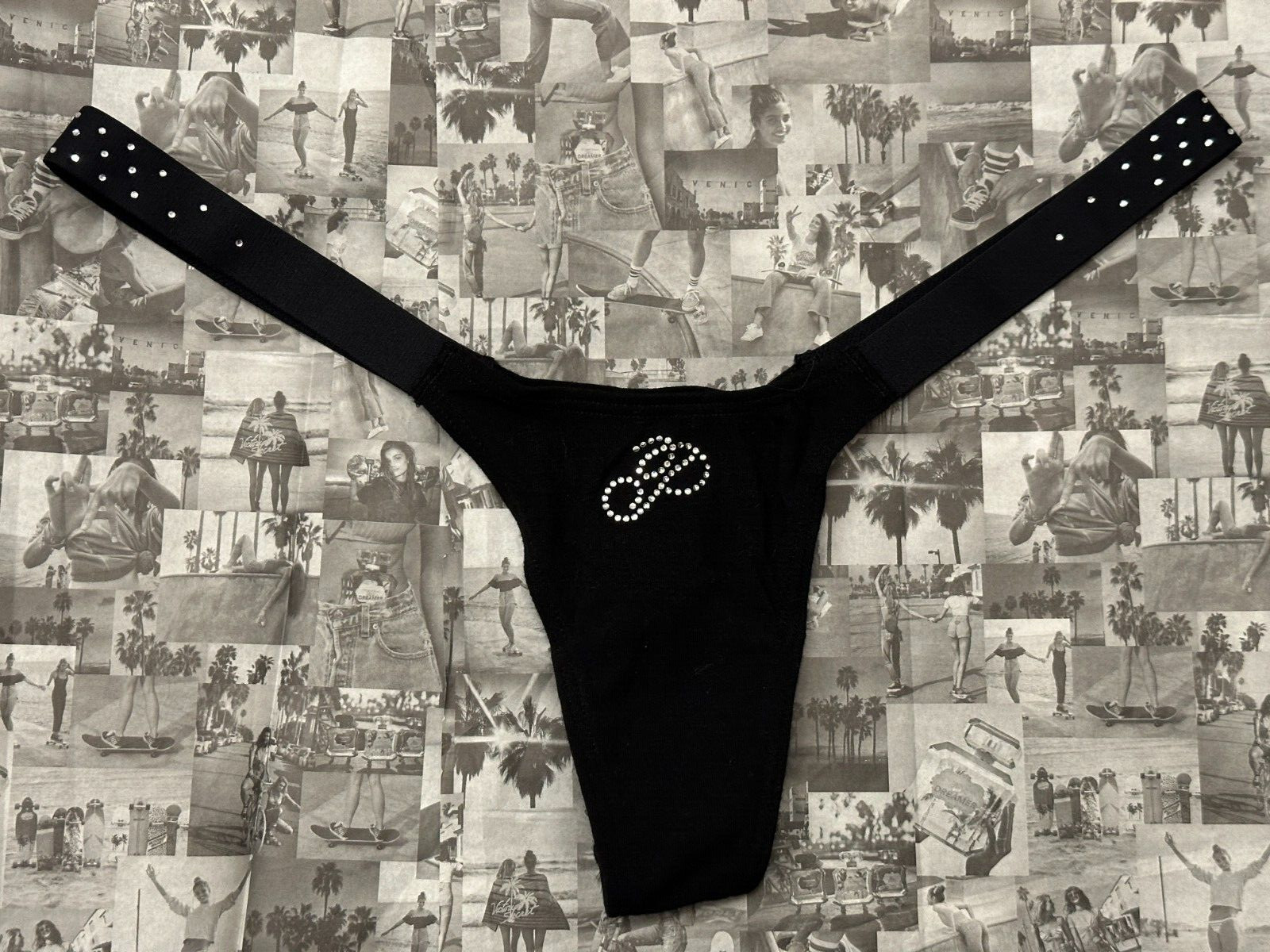 NWT Victoria’s Secret PINK Logo Cotton Shine Micro Thong Panty Black Diamante M