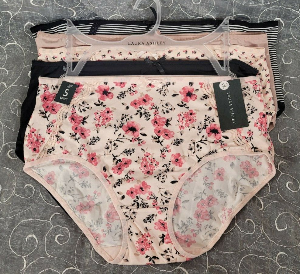 Laura Ashley 5 Briefs 1X Bow & Lace Accent Pink Black Tan, Floral Solid Striped