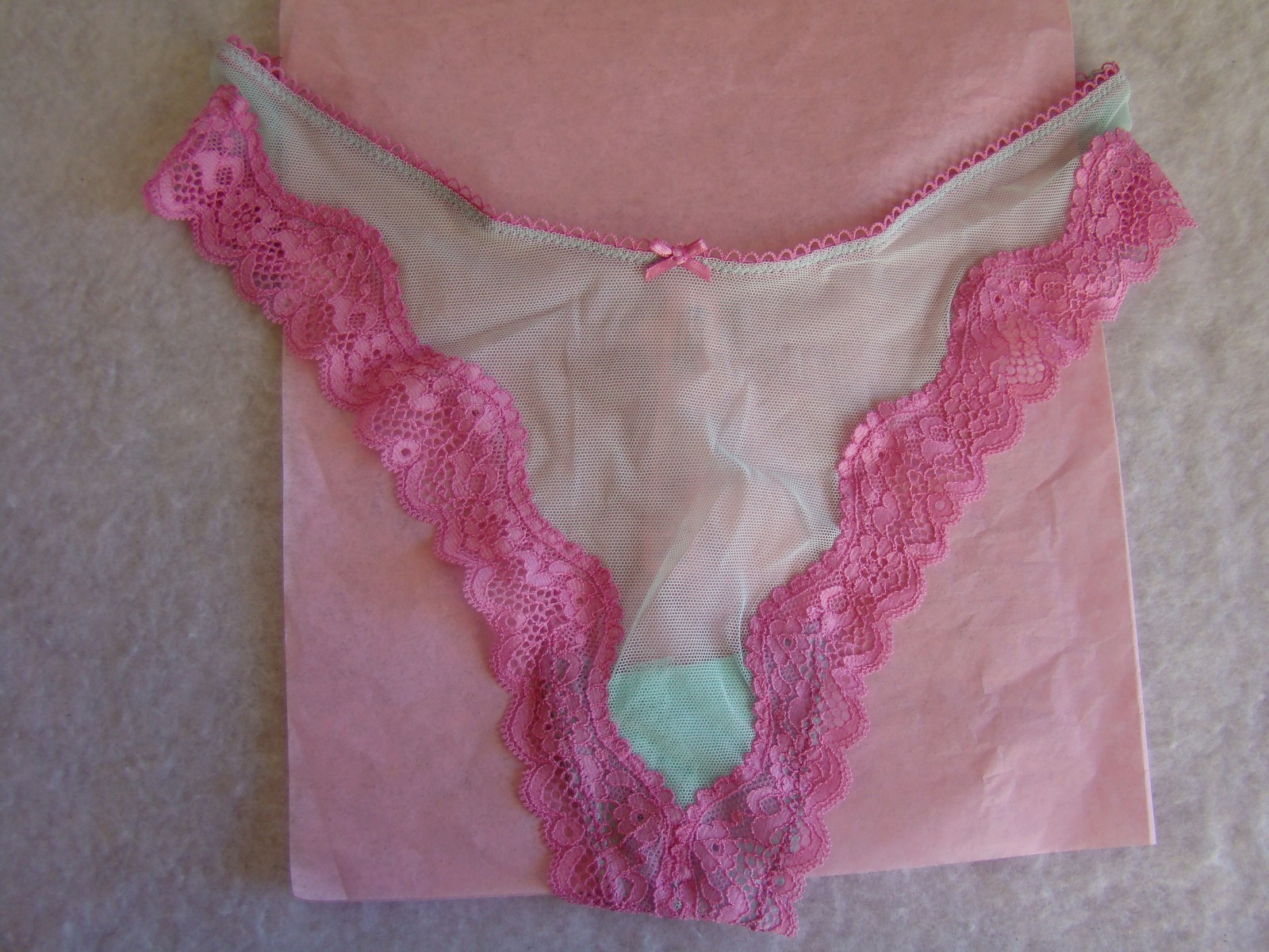 New Victoria’s Secret Tease Green Mesh Pink Floral Lace High Leg Thong Panty