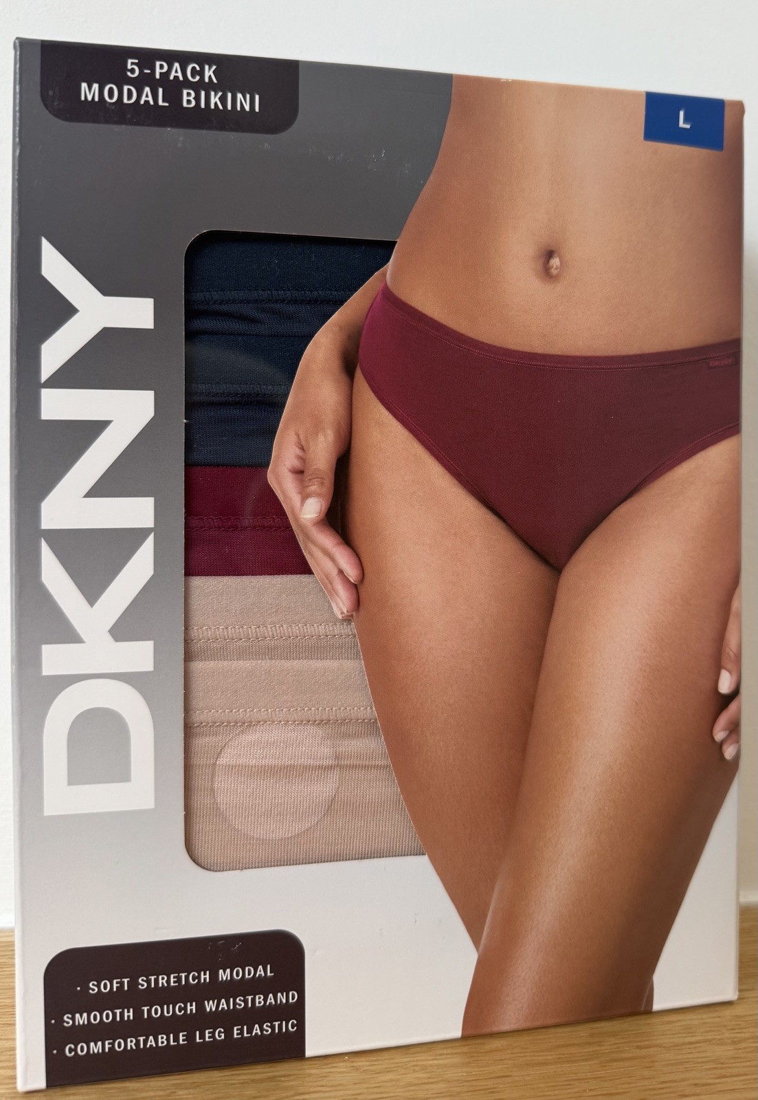 DKNY 5 Pack Modal Bikini Briefs – Large – Navy / Nude / Red Set – New