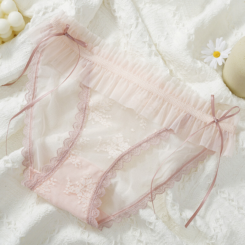 Women Traceless Sexy Lace Underwear Mid Waist Jacquard Bow Knot Underwear