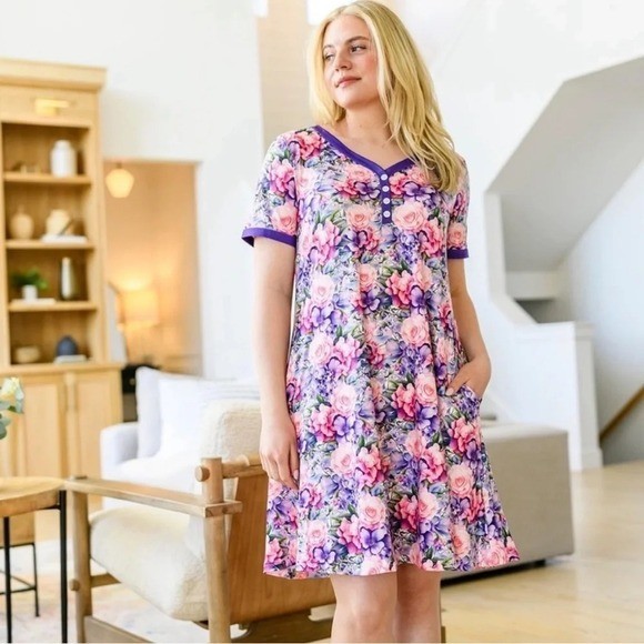 Floral Print Short Sleeve Casual Dress with Pockets – Pink Purple