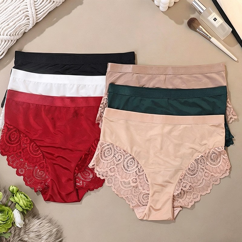 3 Pack Lot Sexy Womens Satin Panties Underwear Lace Briefs Mid Rise Lingeries