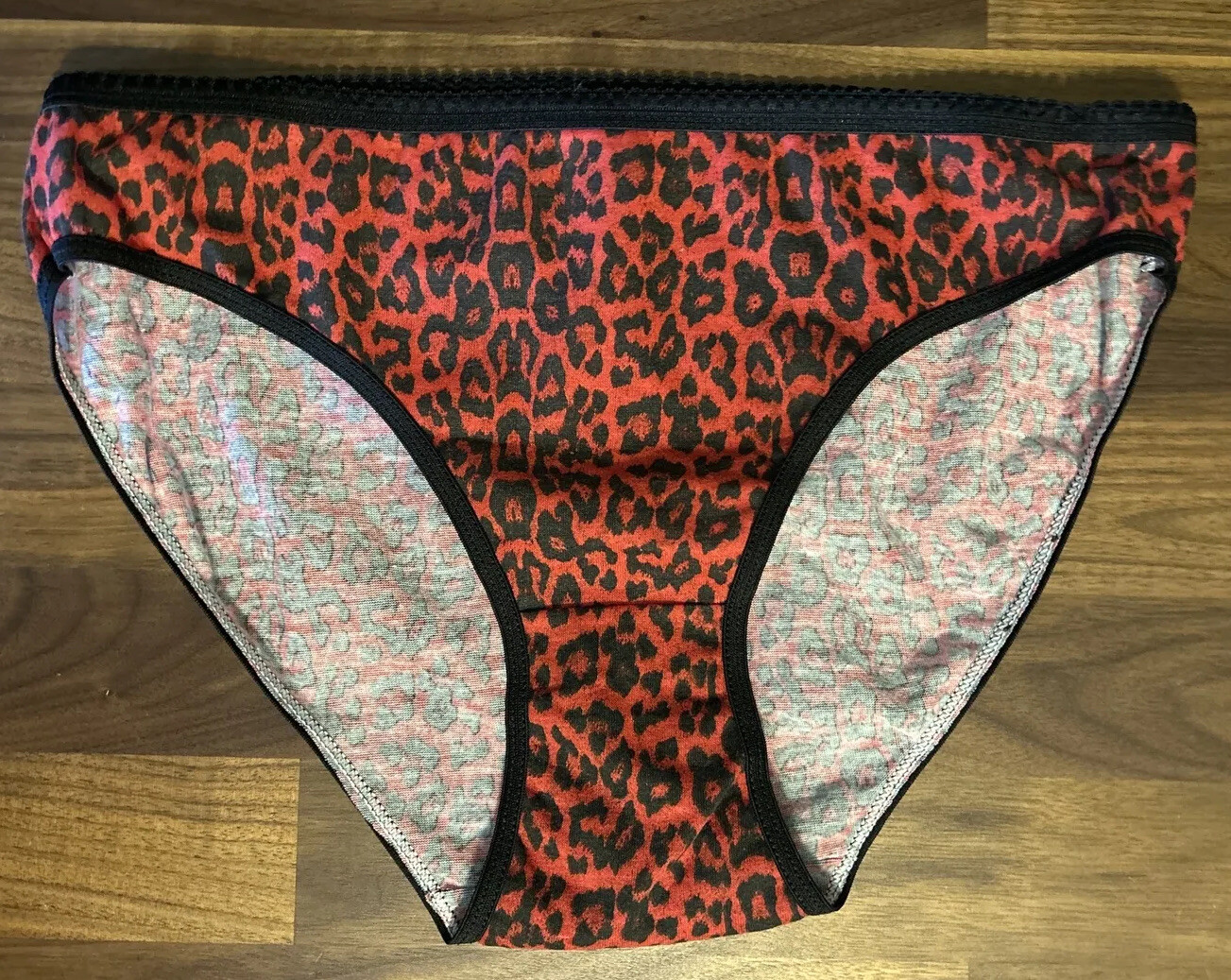 Vtg 100% Cotton Bikini Panties Leopard Print L Large Black High Cut
