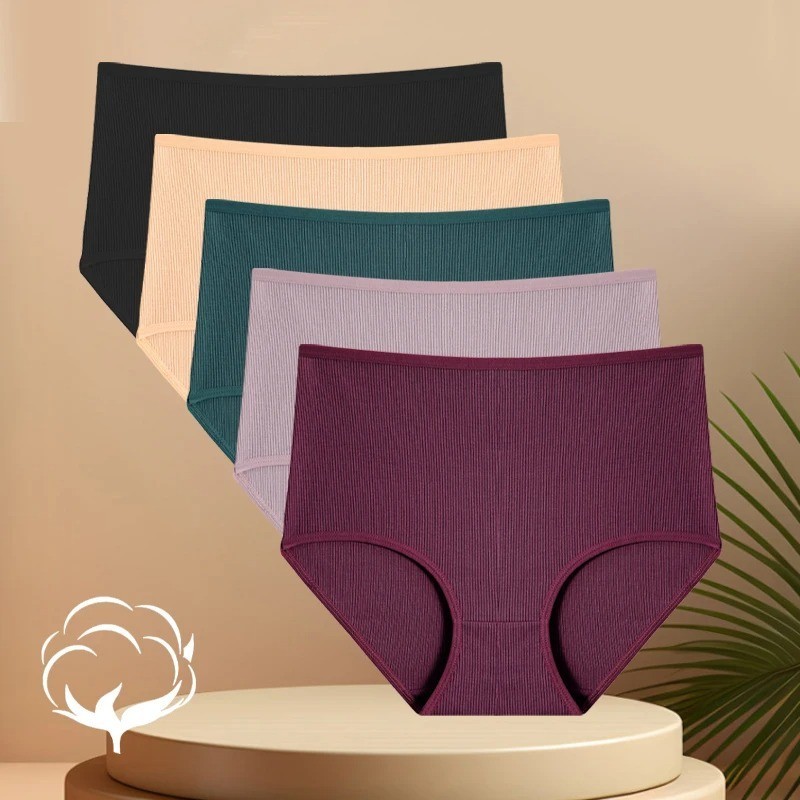 High Waist Cotton Panties Solid Women’s Soft Stretch Underwear S-XXXL 5 Pcs