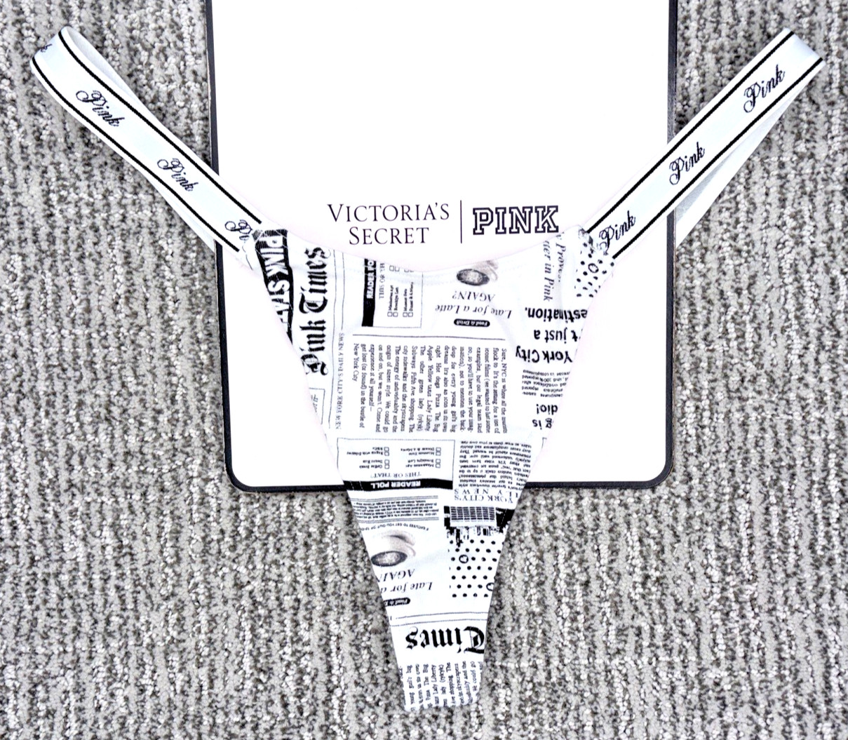 Victoria’s Secret PINK NWT Medium White Newspaper Micro Thong Panty Spellout
