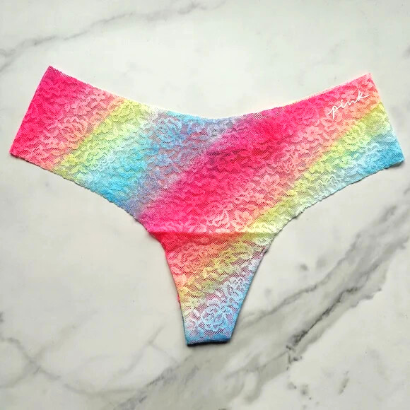 PINK Victoria’s Secret No-Show Soft Lace Thong Panty Rainbow Gradient SZ S