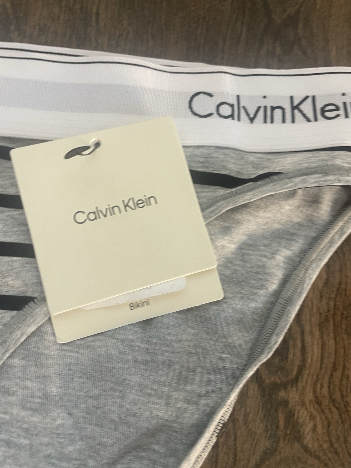 NWT Calvin Klein F3787 Icon Cotton Modal Bikini, Gray Black Stripes Logo Large