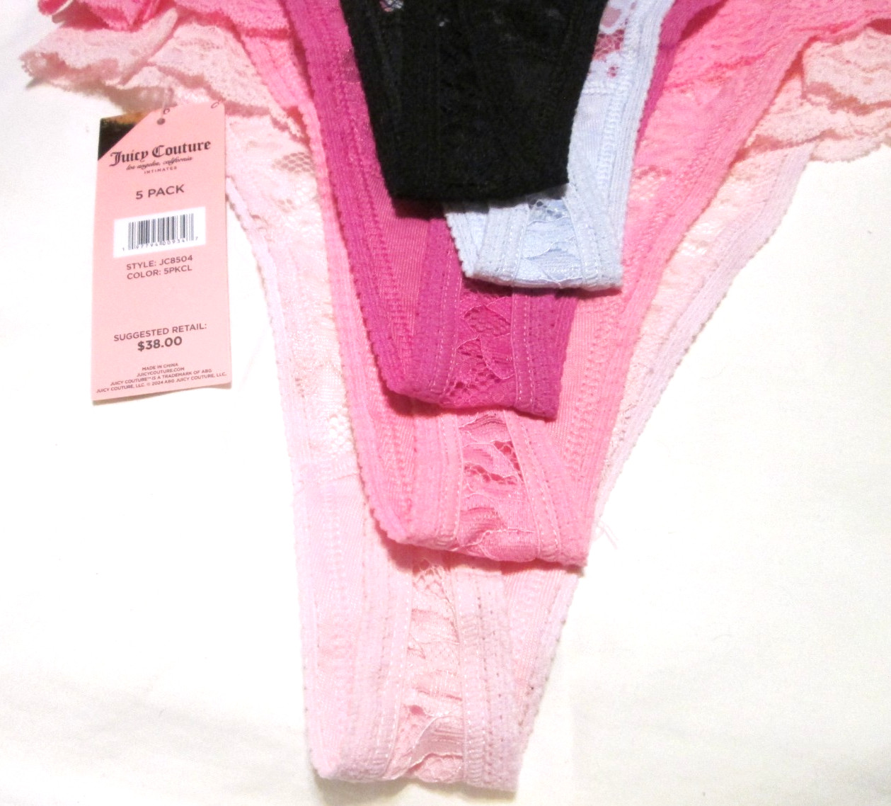 JUICY COUTURE Women’s SZ L- 5Pk Lace Logo Thong Panties Black /BLUE & pinks-NWT