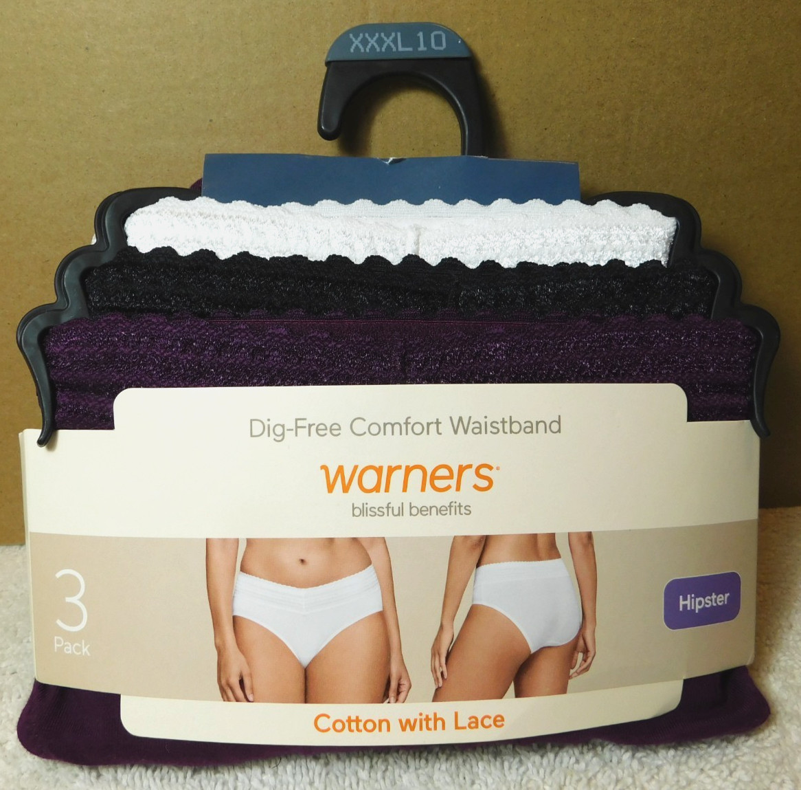Warners~Blissful Benefits Cotton With Lace Hipster Purple Black & White 3Pk (DG)