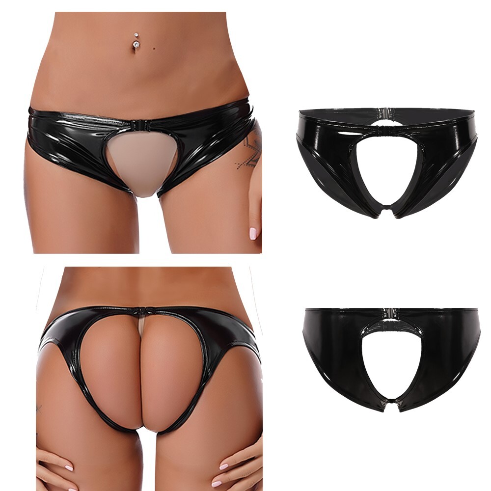 ~Women Panties Underpants Brief Crotchless Underwear Metallic Wet Look Bottoms