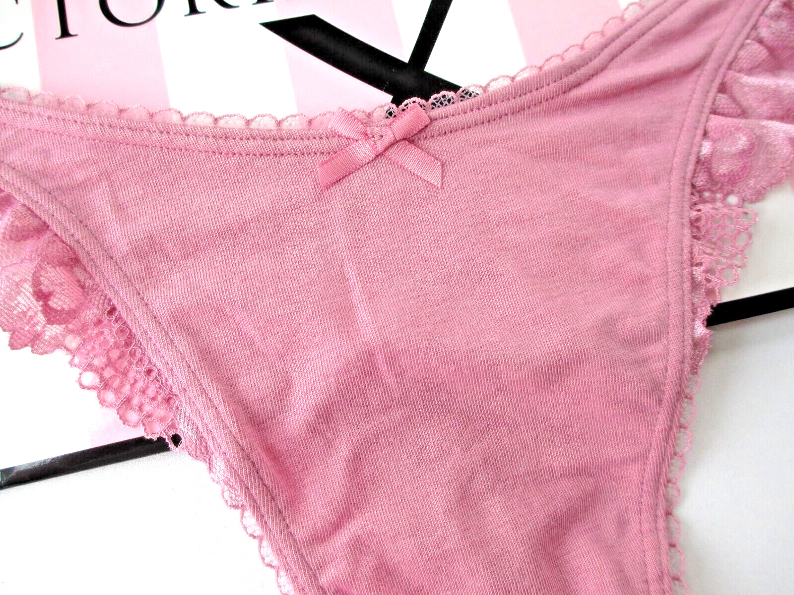 VICTORIA’S SECRET Cotton High Leg Thong Panty L 2XL Mauve Pink NWT Lace Trim VS