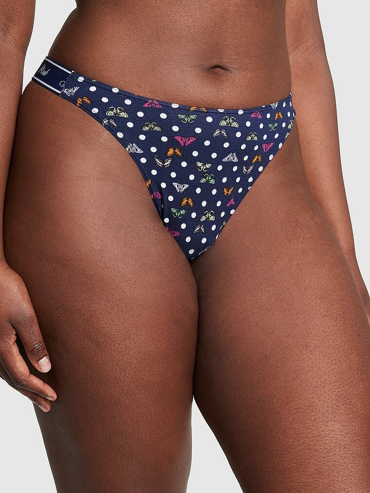 Victoria’s Secret PINK – S Logo Cotton High-Leg Thong Panty – Navy Butterfly Dot