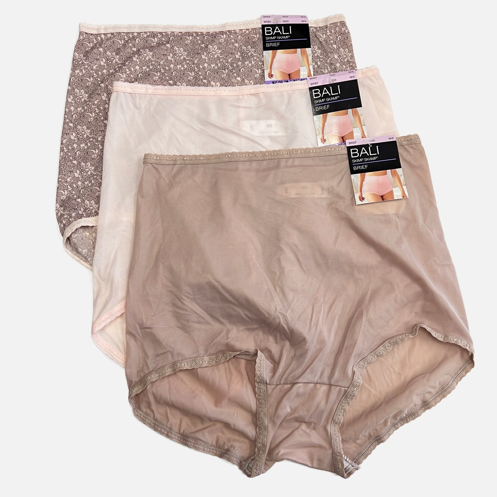 3 Bali Skimp Skamp Brief Panty M 6 MEDIUM Full Coverage Nylon Panties NWT 2633