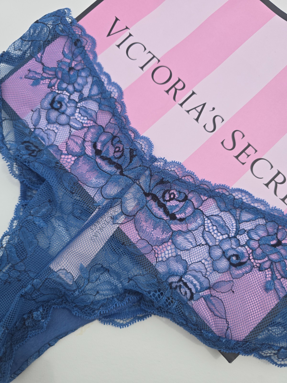 Victoria’s Secret Very Sexy NWT Small S Denim Blue Lace Cheeky Panty Sheer