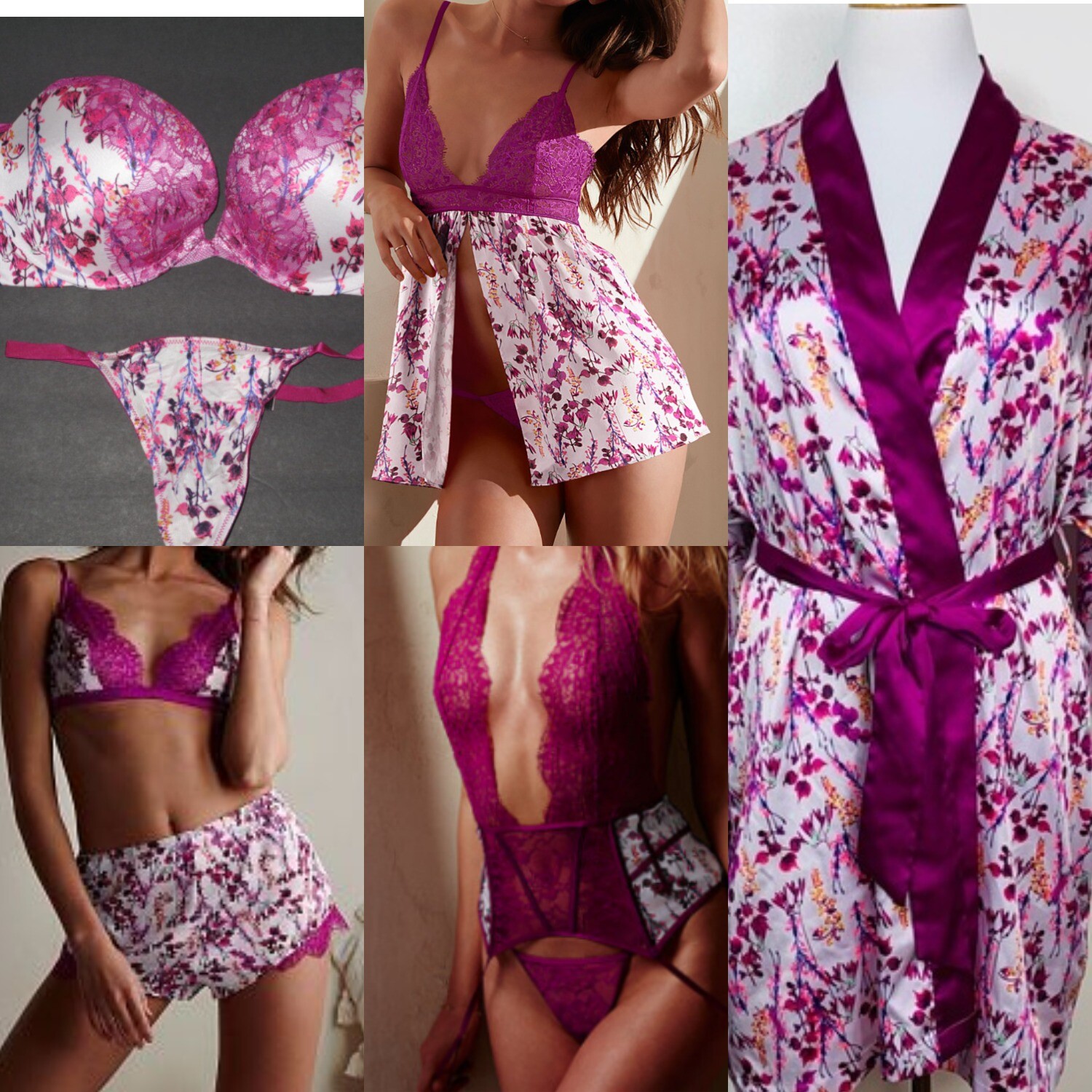 34 C VICTORIA’S SECRET VERY SEXY FLORAL FUCHSIA CHANTILLY LACE 6 Piece Set