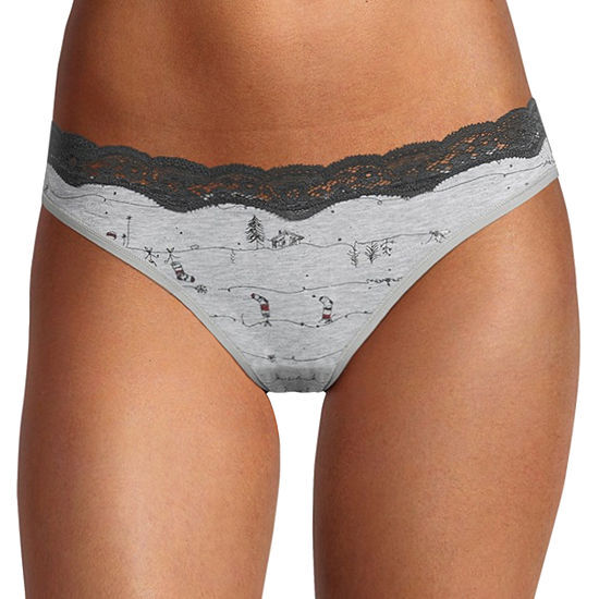 AMBRIELLE 3X Organic Cotton Thong Panty Wonderland Print Lace Waist Holiday NWT