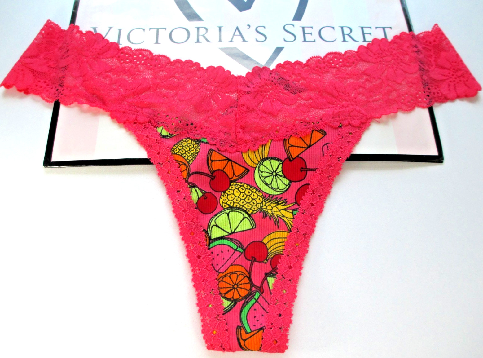 VICTORIA’S SECRET PINK Cotton Thong Panty S M Watermelon NWT Red VS Lace Trim