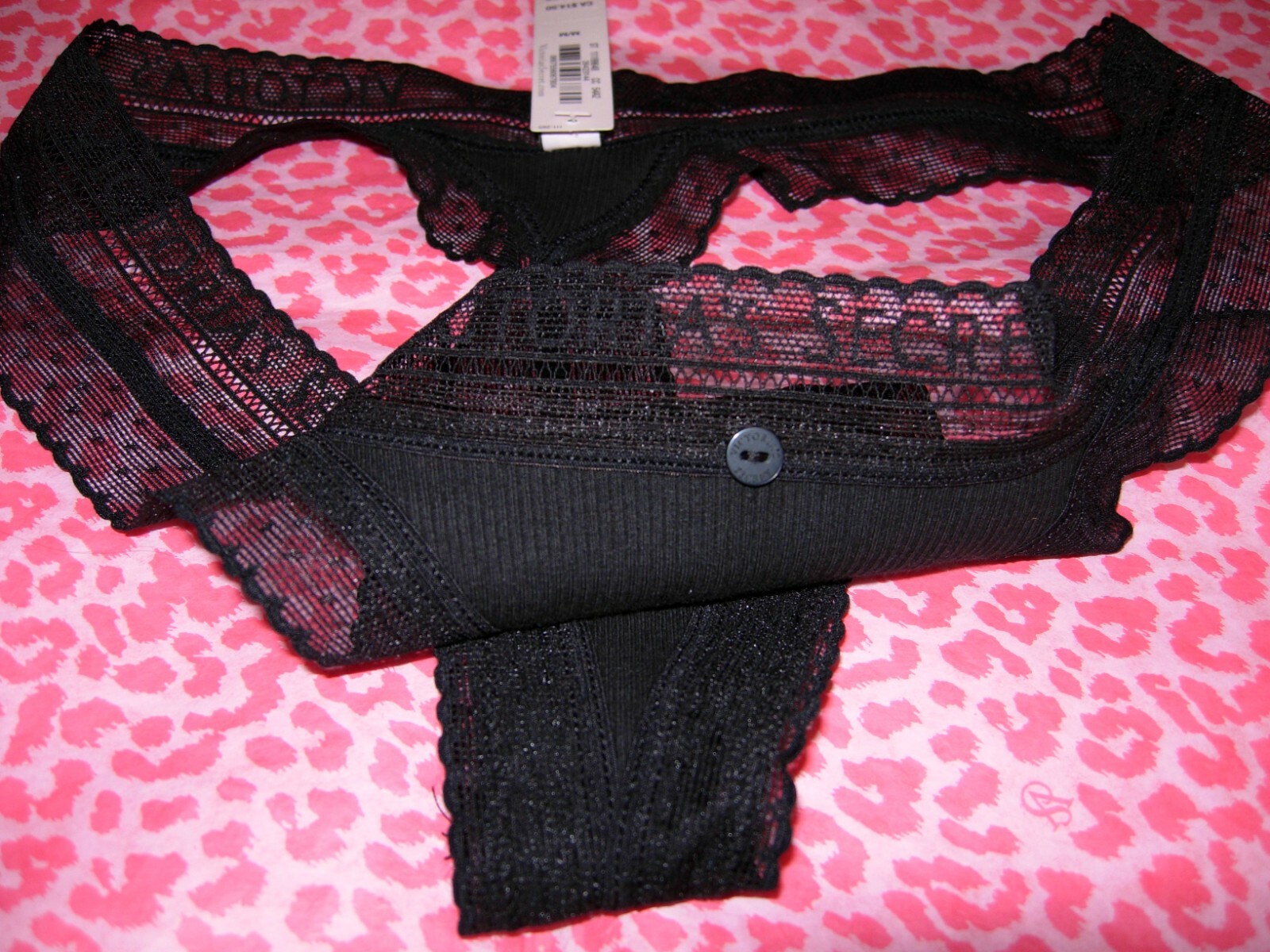 Victoria’s Secret Sexy Sheer Thong Button Black Sheer Logo Waistband XL NWT