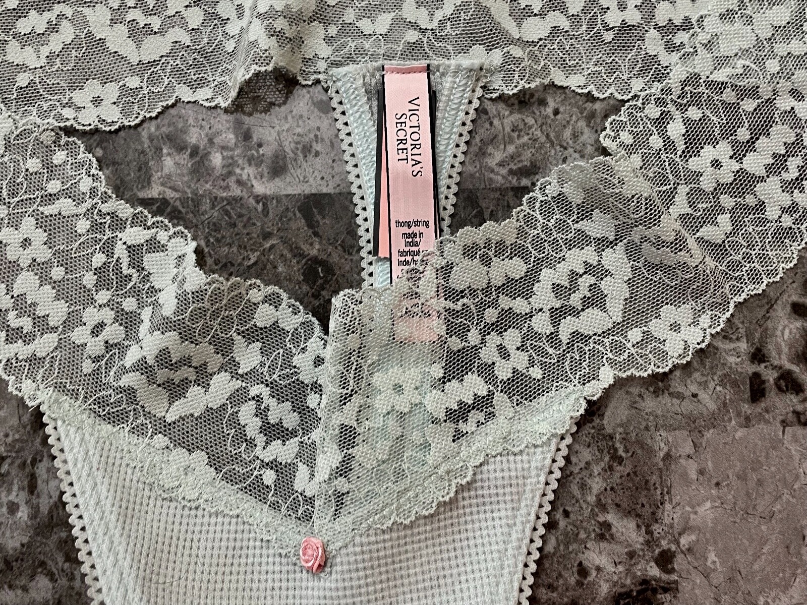 NWT VICTORIA’S SECRET L MINT AQUA GREEN ROSE WAFFLE THERMAL LACE THONG PANTIES