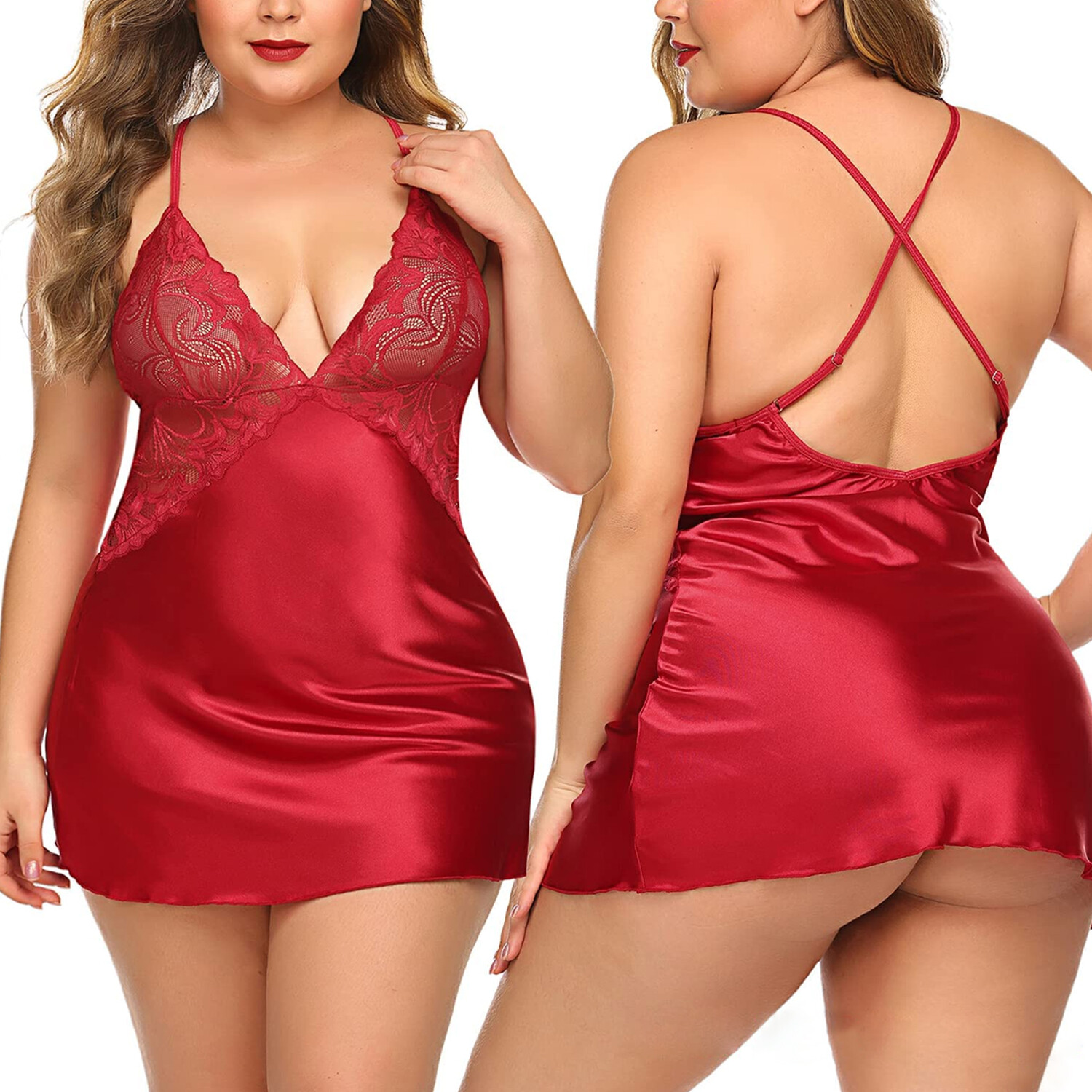 Plus Size Women Ladies Lace Lingerie Sleepwear Dress Satin Silk Nightdress Robe