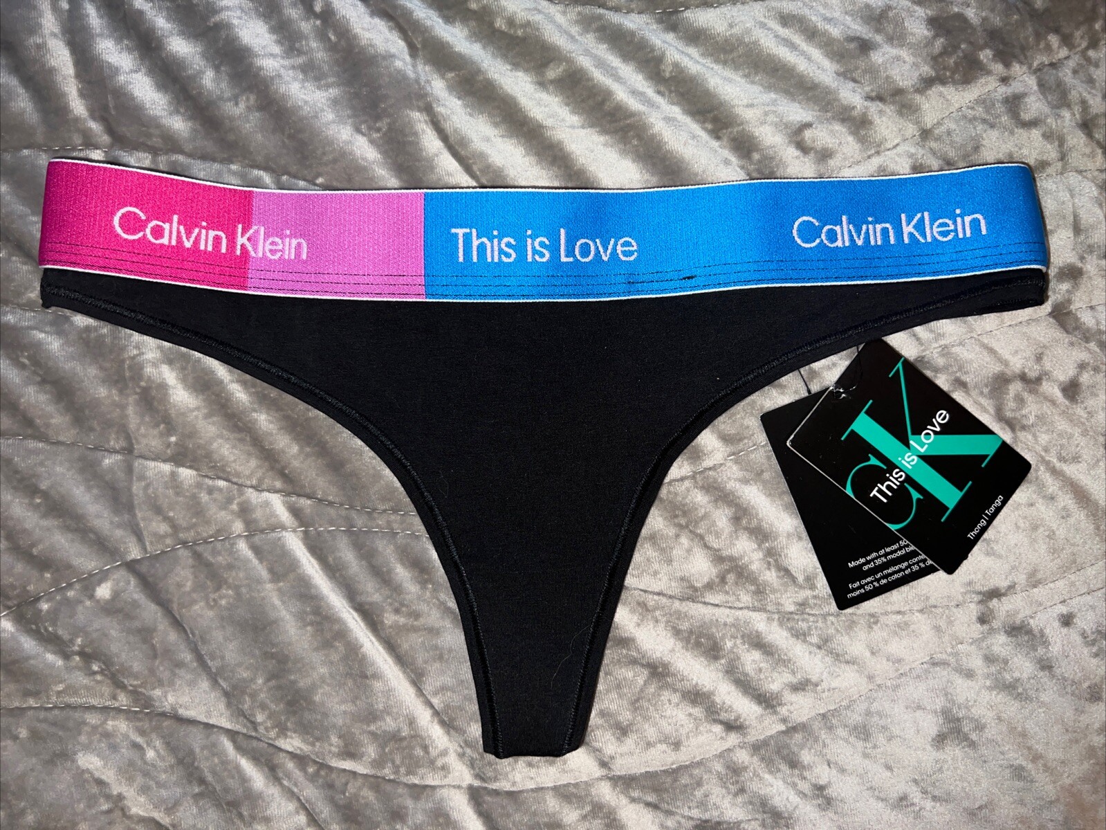 CALVIN KLEIN Modern Cotton 💕This Is Love Black Thong Panty Womens Med 6