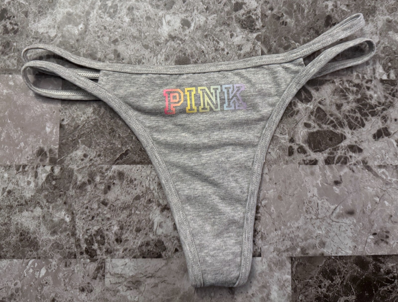 NWT VICTORIA’S SECRET PINK GRAY OMBRE LOGO DOUBLE STRAPPY RARE THONG PANTIES