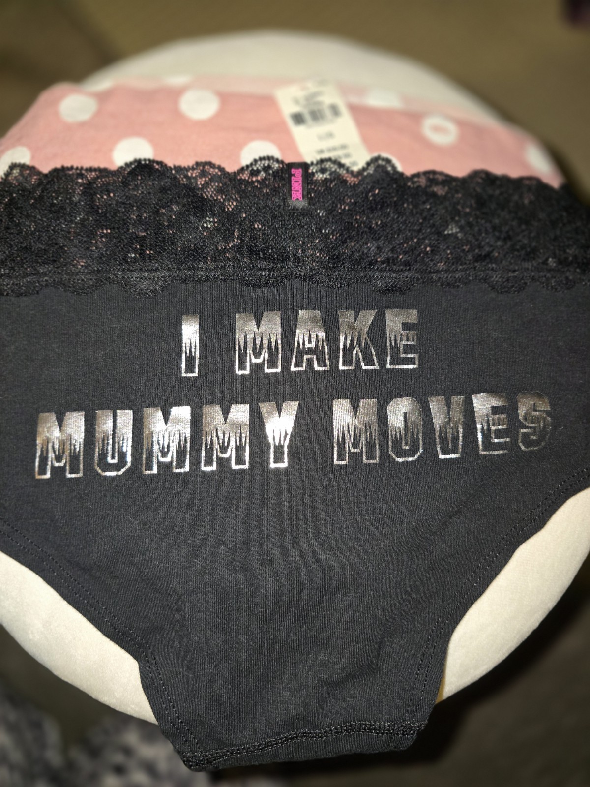 2 Pair Victoria’s Secret Pink Pantys Women’s Size L Black Lace & Pink Polkadots