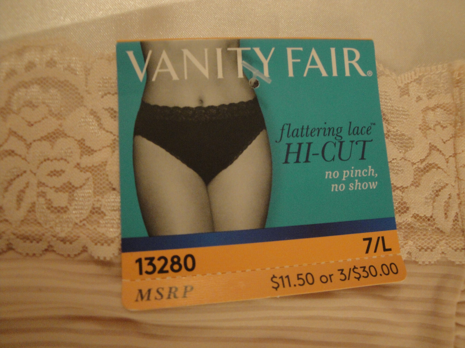 1 Pair Vanity Fair Cream Lace Hi-Cut Panty # 13280 SIZE 7/L No pinch / show