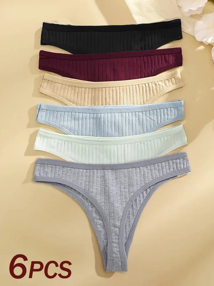 Low Rise Cotton Thong Panties Ribbed Stretch Breathable Soft Comfortable 6PCS