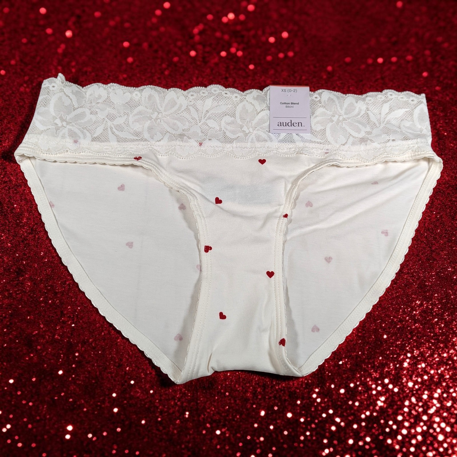 Lot of 2 Auden Ivory Red Hearts Print Lace Trim Bikini Panties Size XS (0-2) NWT