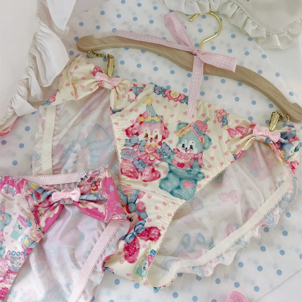 Cartoon Print Panties Mid Rise Bow Ruffle Breathable Women’s Underwear