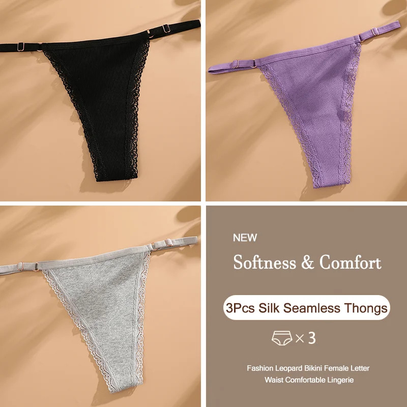 Low Rise Thong Panties Cotton Seamless Stretch Breathable Adjustable Fit 3PCS
