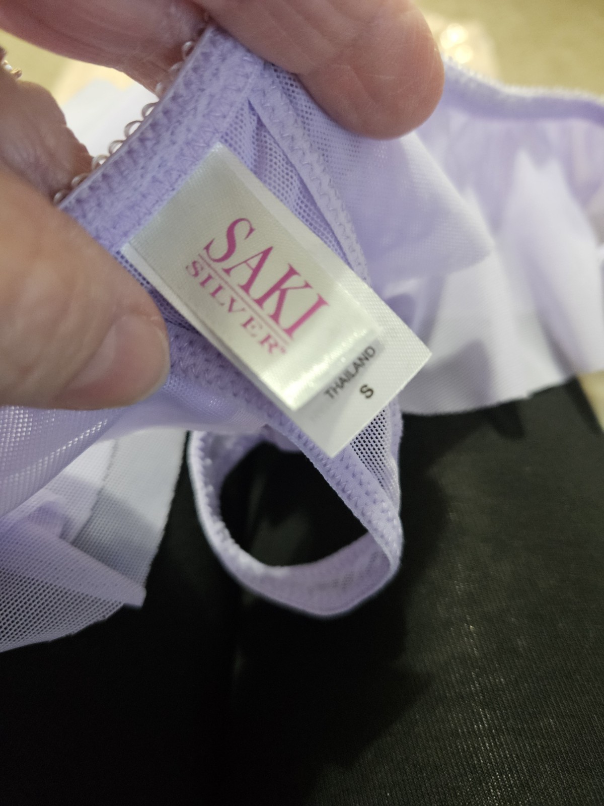 SAKI SILVER, WOMEN’S NEW LAVENDER NYLON BL LACE/MESH ANGEL WING THONG, SIZE S