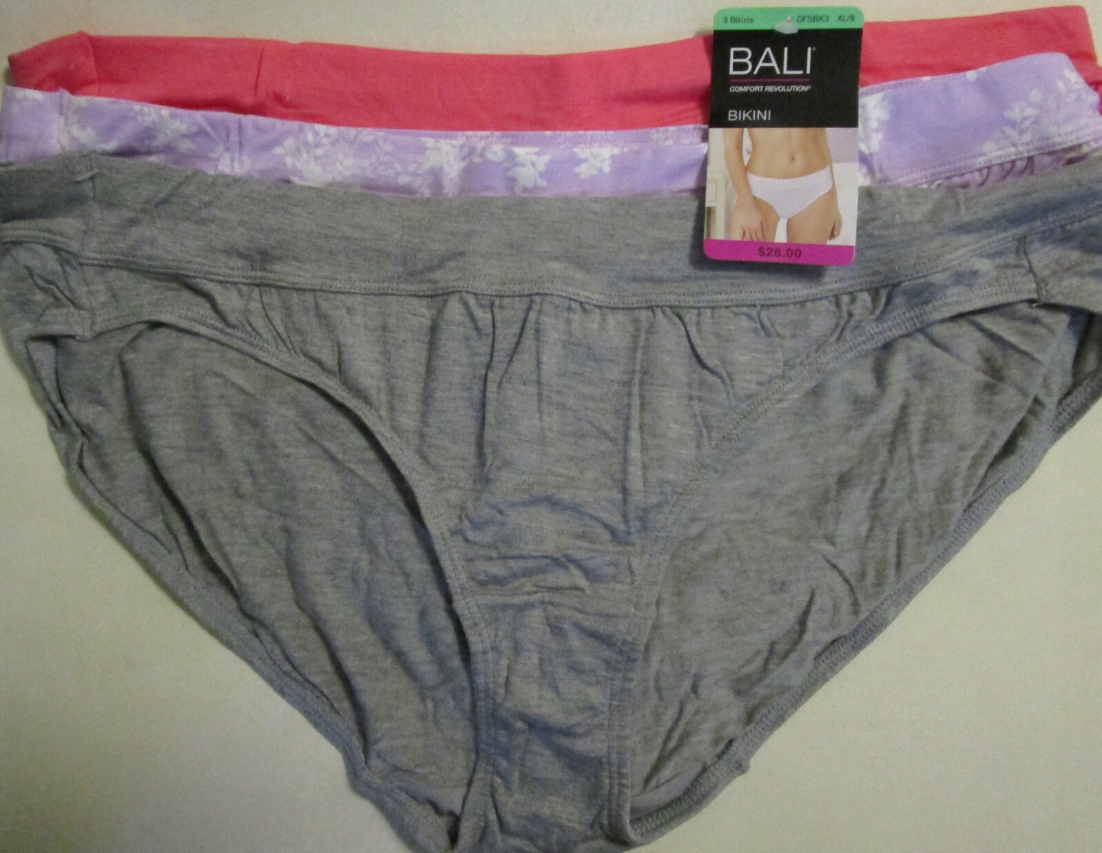 Bali Comfort Revolution Bikini 3 Pack Style DFSBK3 Size XL/8 NWT Retail $28