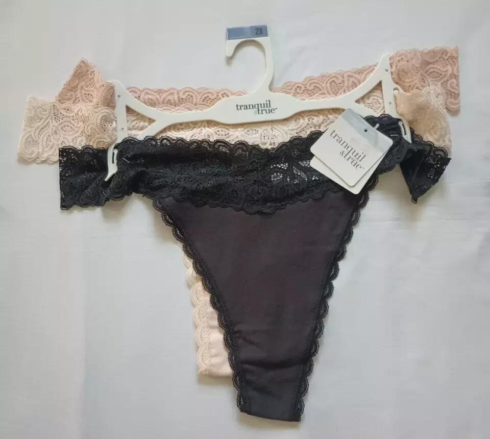 Tranquil & True 3-Pack Cotton/Lace Thongs Size 2X Multicolor (LOT OF 2 PACKS)