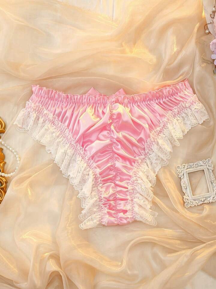 Pretty Pink Satin Ruffled Lace Ruched Bum Frilly Bikini Panties PLUS 3XL 3X NEW