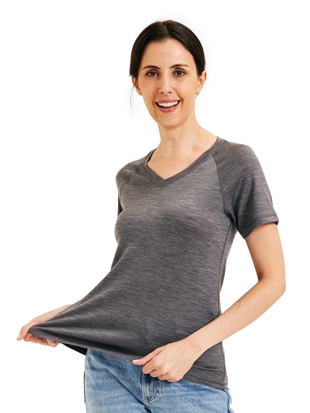 METARINO 100% Merino Wool T-Shirt Women V Neck Short Sleeve Base Layer Tee Sh…