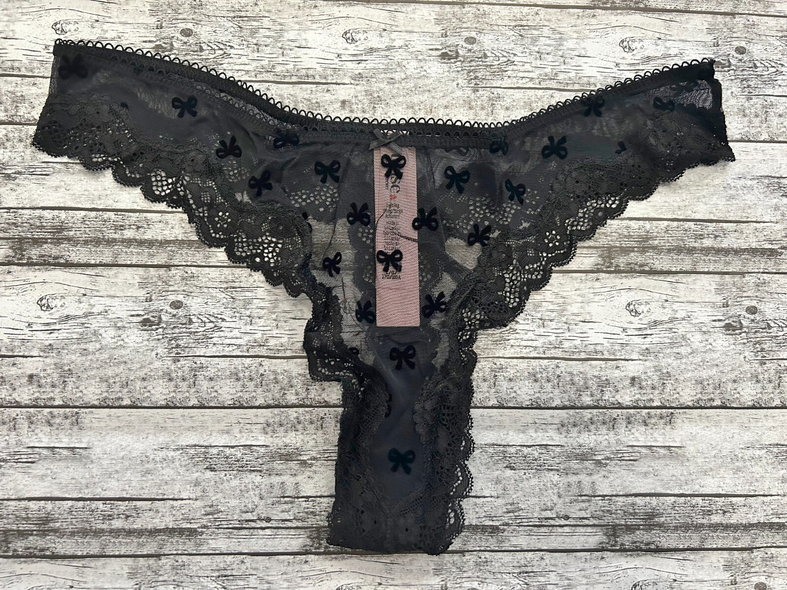 Nwt Victorias Secret Tease Lace Trim High Leg Scoop Thong Panty Black Bows XL