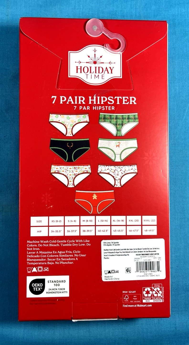 NIB~HOLIDAY TIME Christmas Hipster Underwear~ 7 Pack Women size S (8-10) Panties