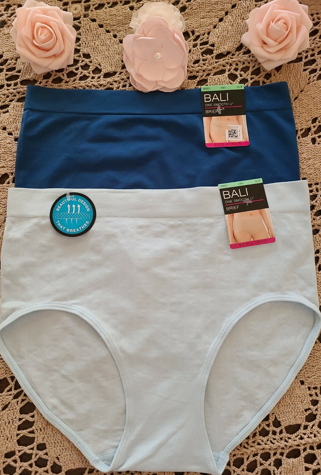 XL/8 BALI One SmoothU Blues Nylon Spandex 2 Pair BRIEFS #2361 NWT