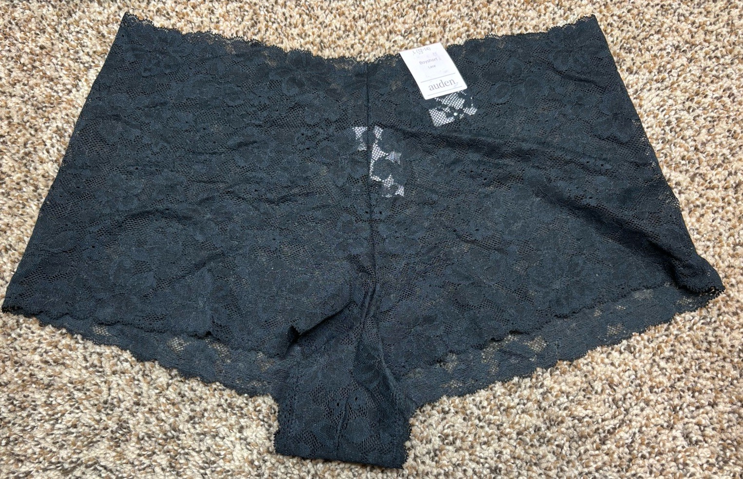 Auden Black Lace Boyshort Panty. Size: Large. (12-14).