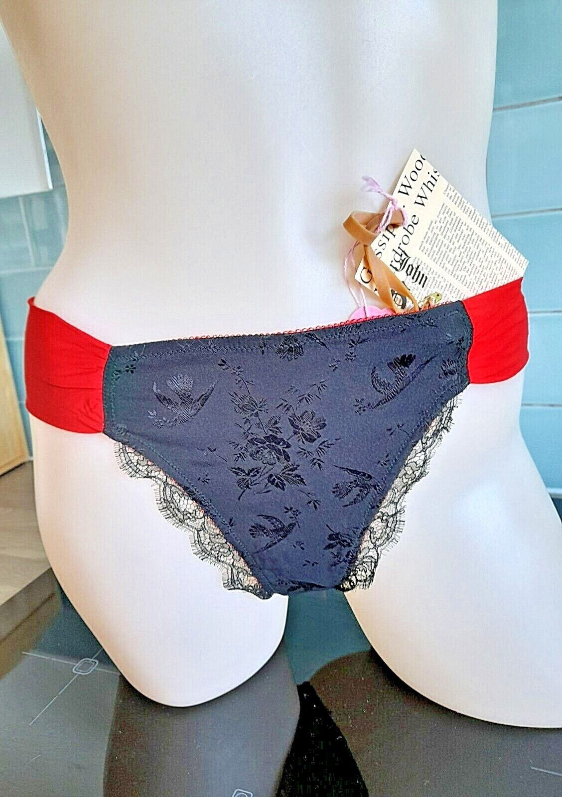 John Galliano BIJOUX Black/Red Silk/Lace High Leg Chiffon Banded Thong